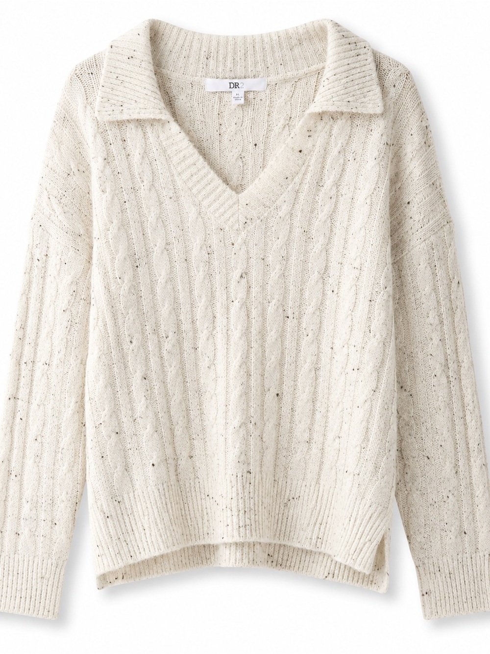 DR2 Cream Cable-Knit V-Neck Sweater with Collar Detail
